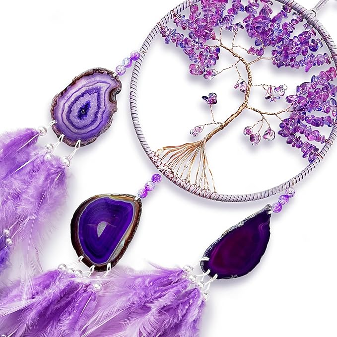 Large Dream Catcher,Sun Dream Catchers with Chakra Gemstone Agate Stone,Purple Crystal Tree Life,Dream Catcher for Girls,Dream Catchers for Adults,Home Ornaments Craft Gift (Purple)