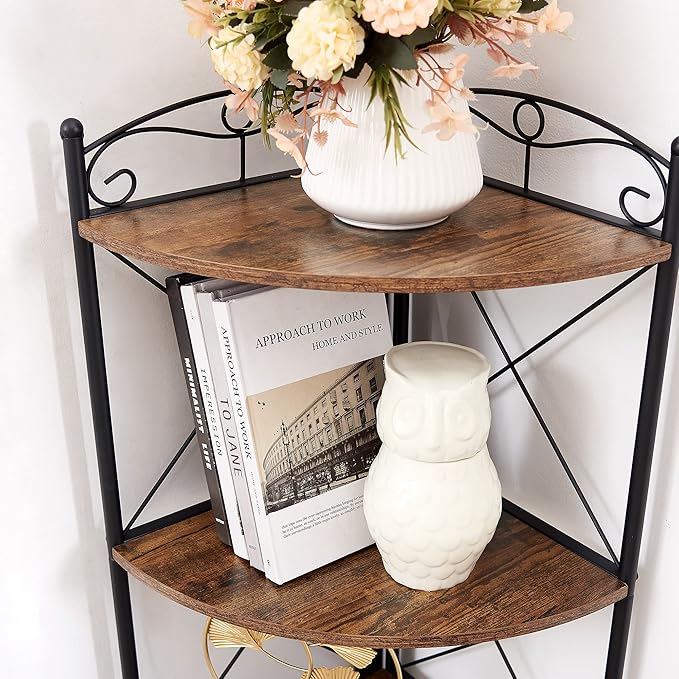 VECELO 5 Tier Corner Shelf with 2 Woven Basket, 55" Tall Standing Organizer, Rustic Brown Storage Rack, Narrow Bookshelf Display Shelves Rack for Wall Corner, Living Room, Kitchen, Bedroom, Office
