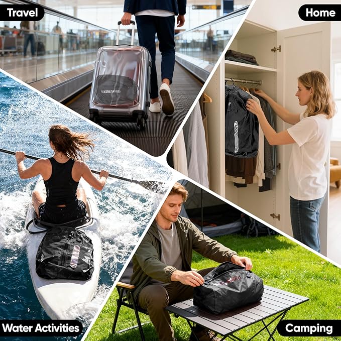 Vacuum Bags for Travel with Pump, Reusable Vacuum Compression Bags, IP68 Waterproof Space Saver Storage Bags for Clothes, Backpack, Luggage & Suitcase, Lightweight Travel Organizer (2PC + Pump)