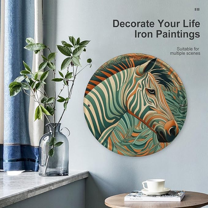 Wall Picture Green Decorative Pattern Printed Circular Iron Hanging Picture Wall Art Decor Home for Bedroom Living Room Bathroom Decor Iron Painting 11.8X11.8 in