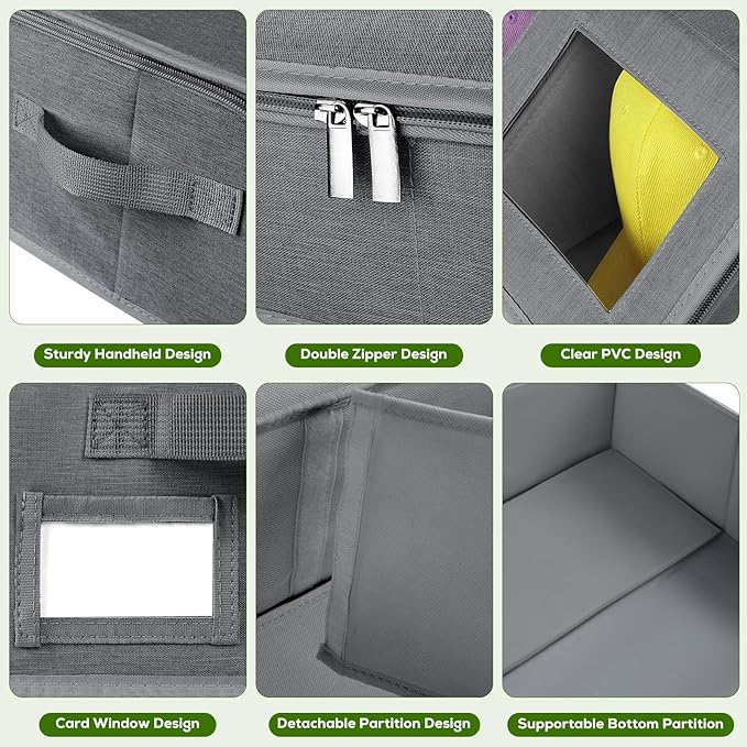 2 Pack Hat Storage for Baseball Caps-Holds Up to 48 Caps, Hat Organizer for Closet Stackable Hat Box with Cardboard, Dustproof Baseball Cap Organizer with 2 Handles for Home Travel (Grey, 2Pack)