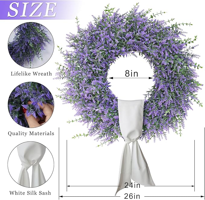 26" Artificial Lavender & Eucalyptus Wreath with Sash for Front Door, Porch, Window - Large Greenery Outdoor Wreath for Home, Farmhouse Decor - Spring, Summer, All Seasons (Purple)