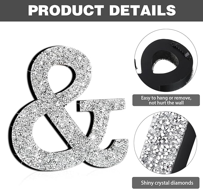 Qunclay 5.7" Silver Crystal Diamond Bling Letters Crushed Diamond Decoration Wooden Glitter Letter with Screw and Hooks Rhinestone Gift for Wedding Y2k Mcbling Bedroom Wall Decor (Symbol)