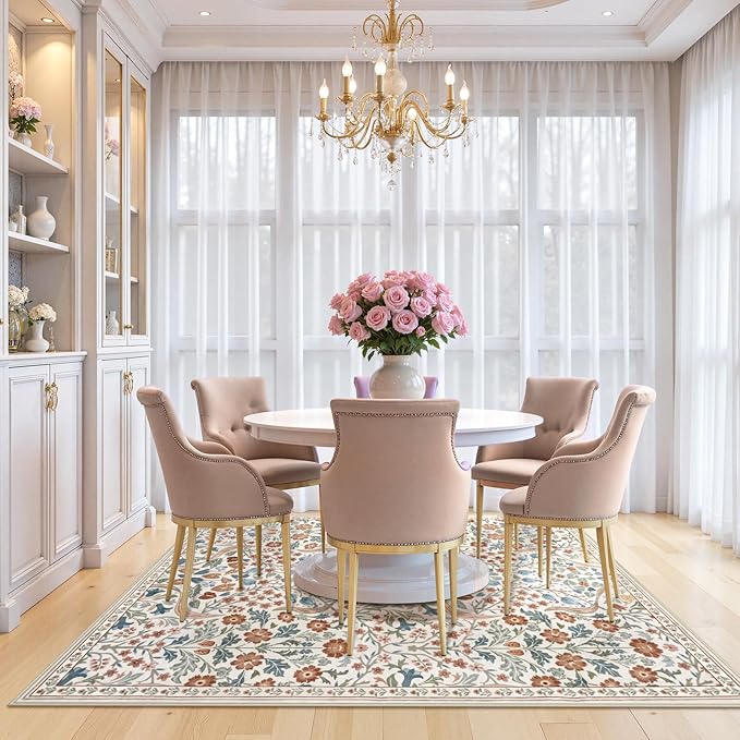 Moynesa Floral 5x7 Area Rugs, Machine Washable Rugs for Bedroom, Non Slip Boho Rugs for Living Room, Large Flower Stain Resistant Floor Carpet for Dining Room Home Office, Beige