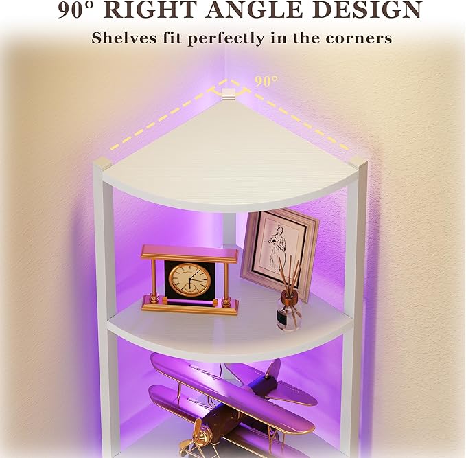 Corner Shelf with LED Lights, 6-Tier Corner Bookshelf, 66'' Organizer Book Shelf Shelves Steel Frame Display Stand with Living Room, Bedroom, Study, White