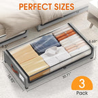 Under Bed Storage with Wheels 3Pack Underbed Storage with Clear Window&Label Under Bed Drawers Large Capacity Rolling Under Bed Storage for Clothes,Shoes, Blankets (Light Grey)