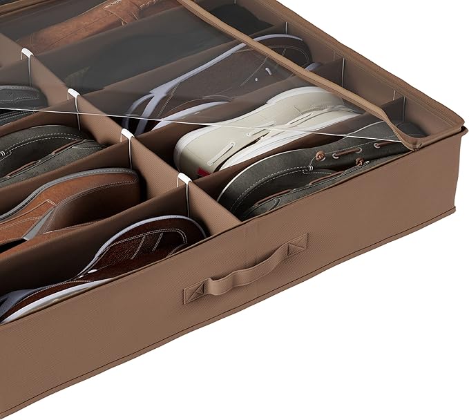 Everyday Home Under Bed Storage Shoe Organizer Bag with Clear Plastic Zippered Cover, Stores 12 Pairs of Shoes (Brown) (Pack of 2)