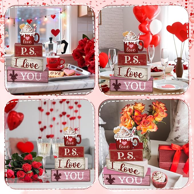 Lineshading 4 Pcs Valentine's Day Table Decoration Wooden Ice Cream Cup Valentine Tiered Tray Decor Valentine Centerpiece Red White and Pink I Love You Valentines Decor for Home Kitchen Coffee Bar