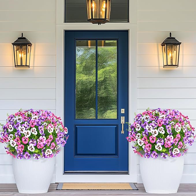 MARTINE MALL 18 Bundles Look Real Artificial Flowers for Outdoors, Realistic Fake Outdoor Flowers UV Resistant Silk Pansy Flower for Outside Faux Flower Plant for Outdoor Porch Yard, Pink+Purple+White