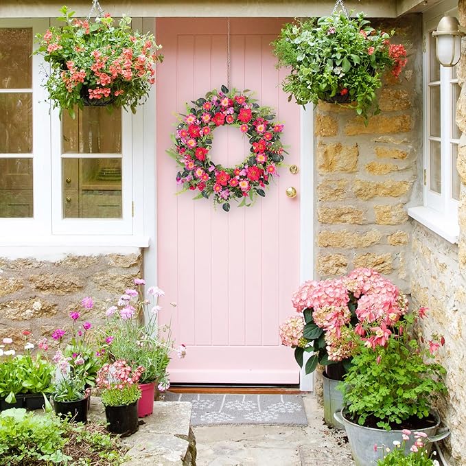 24 Inch Large Spring Summer Front Door Wreaths, Artificial Eucalyptus Daisy Wreath with Pink Red Flowers, Rustic Farmhouse Wreath for Porch Wall Window, Indoor Outdoor All Season Home Decor