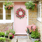 24 Inch Large Spring Summer Front Door Wreaths, Artificial Eucalyptus Daisy Wreath with Pink Red Flowers, Rustic Farmhouse Wreath for Porch Wall Window, Indoor Outdoor All Season Home Decor