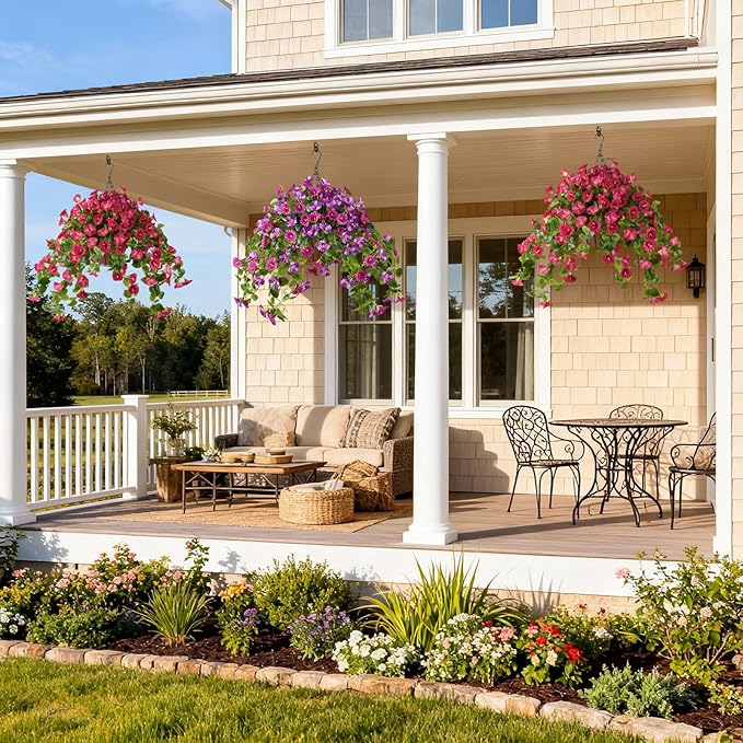 Homusnny Artificial Hanging Fake Flowers with Basket Plants Spring and Summer Outdoor Decoration, Faux Silk Flower UV Resistant Morning Glory for Home Porch Patio Garden Balcony Yard etc.(Red)