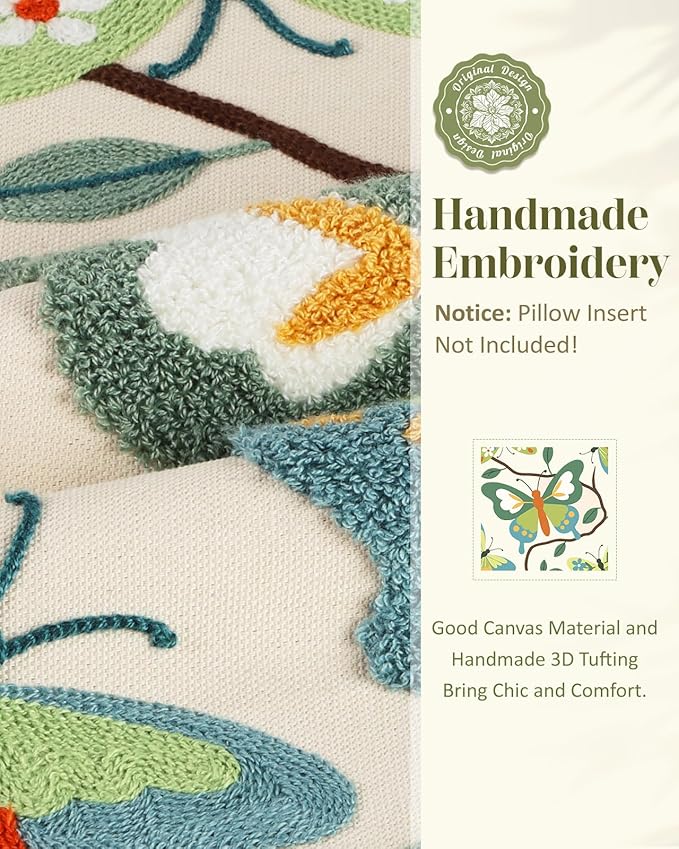 Embroidered Throw Pillow Cover 18x18 Inch - Spring Summer Boho Decorative Pillow Cover with Zipper for Living Room Couch Sofa Bed Aesthetic Design Branch Butterfly Cushion Pillowcase
