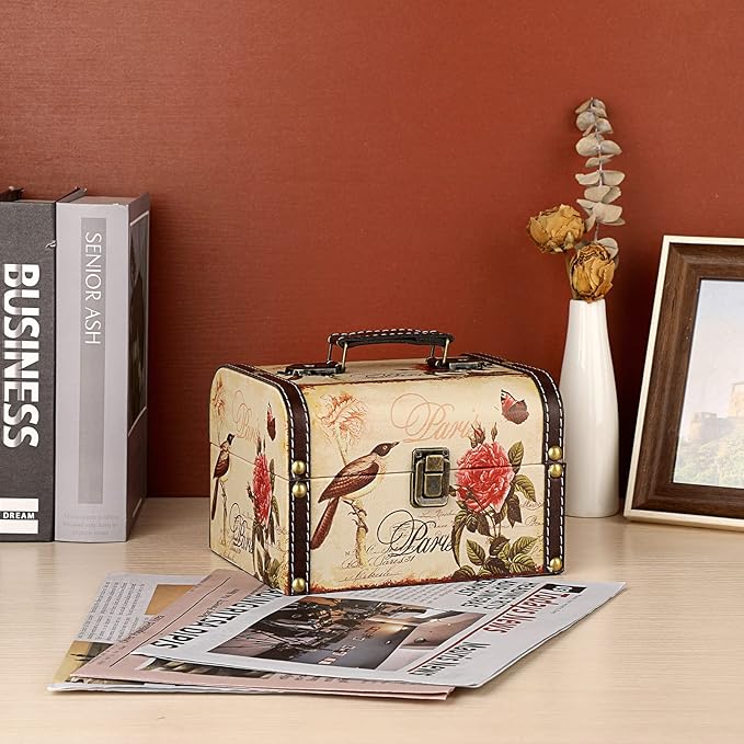 ELLDOO Decorative Treasure Chest Box, Wooden + PU Leather Storage Box for Jewelry Trinkets, Keepsakes box for Girls Women Gifts (Bird + Flower Pattern)