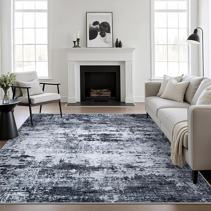 8x8 Area Rug Living Room Rug: Washable Modern Abstract Soft Thin Rug Indoor Floor No Slip Stain Resistant Carpet for Bedroom Dining Room Farmhouse Nursery Home Office - Black