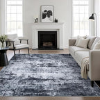 8x8 Area Rug Living Room Rug: Washable Modern Abstract Soft Thin Rug Indoor Floor No Slip Stain Resistant Carpet for Bedroom Dining Room Farmhouse Nursery Home Office - Black