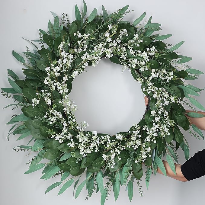32'' Eucalyptus and Babys Breath Flowers Wreath for Front Door - Large Artificial Greenery Outdoor Wreath for Porch,Window,Farmhouse,Home,Hanging Decor- Spring, Summer, All Seasons (Green-White)