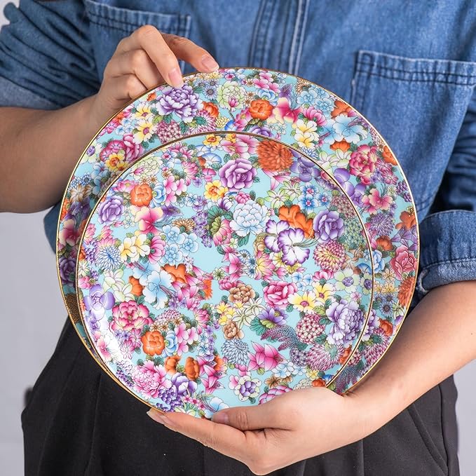 Decorative Plates Set for Display, Lake Blue Ceramic Plate Decor with Stand，Handmade Vintage Flower Porcelain Ornament for Living Room, Kitchen, Office, Perfect Chinese Style Dish Gift (8in+10in)
