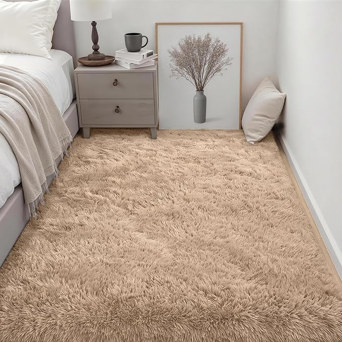 Fluffy 5x7 Area Rugs for Living Room Bedroom: Ultra Soft Shag Rug Non-Slip Non-Shedding Small Plush Bedside Rug Indoor Floor Carpets for Kids Room Playroom Entryway Nursery Dorms Home Decor Beige