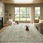 9x12 Washable Area Rug, Soft Non Slip Low Pile Rug for Living Room, Bedroom, Large Dining Room, Vintage Floral Design, Stain Resistant Carpet