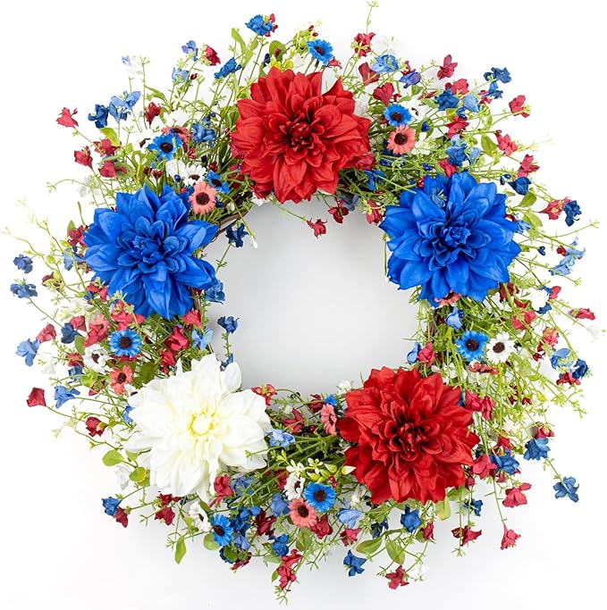 VioletEverGarden 22 Inch 4th of July Wreaths for Front Door Artificial Patriotic Wreath Red White and Blue Wreath with Dahlia for Independence Day Memorial Day Flag Day Decor