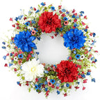 VioletEverGarden 22 Inch 4th of July Wreaths for Front Door Artificial Patriotic Wreath Red White and Blue Wreath with Dahlia for Independence Day Memorial Day Flag Day Decor