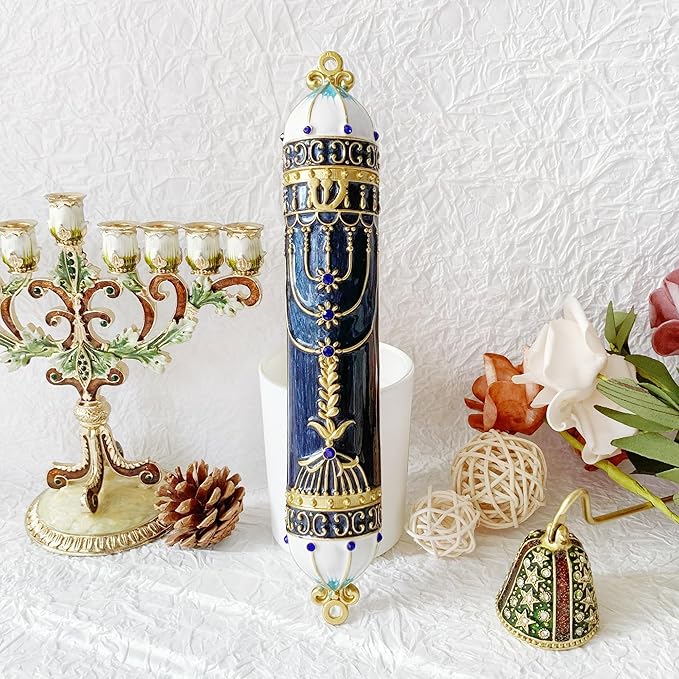 9 Inches Mezuzah, Exquisite Black and Gold Enamel Mezuzah with Blue Crystal Accent