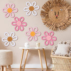 Zeyune 6 Pcs Boho Nursery Daisy Flower Wall Art Decor Woven Macrame Wall Pediments Boho Daisy Floral Nursery Art Decor for Home Bedroom Decorations(Cute,Yarn and Cotton Rope)