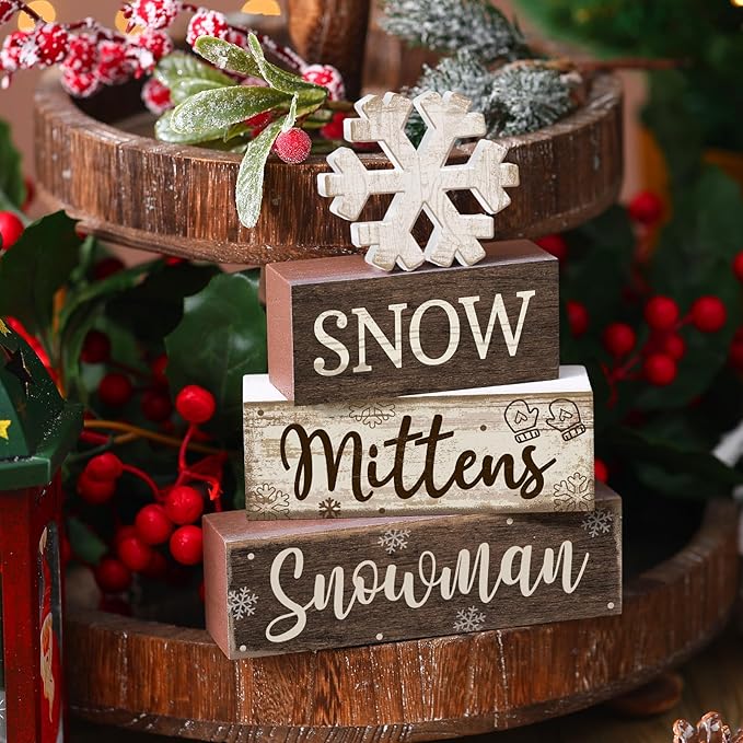 Moucuny 4 Pcs Winter Table Decorations Wooden Snowflake Decor Christmas Tiered Tray Decor Rustic Decorative Snowflake Block Sign Gift Winter Table Centerpiece for Wonderland Party Home Kitchen