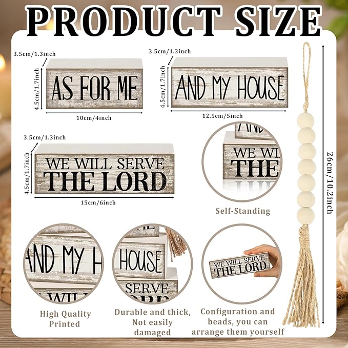 Yuntau 4 Pcs Farmhouse Christian Decor Farmhouse Bible Verse Tiered Tray Decor Rustic Retro Wood Bead Garland As for Me and My House We Will Serve The Lord Block Jesus Sign for Home Shelf Mantel