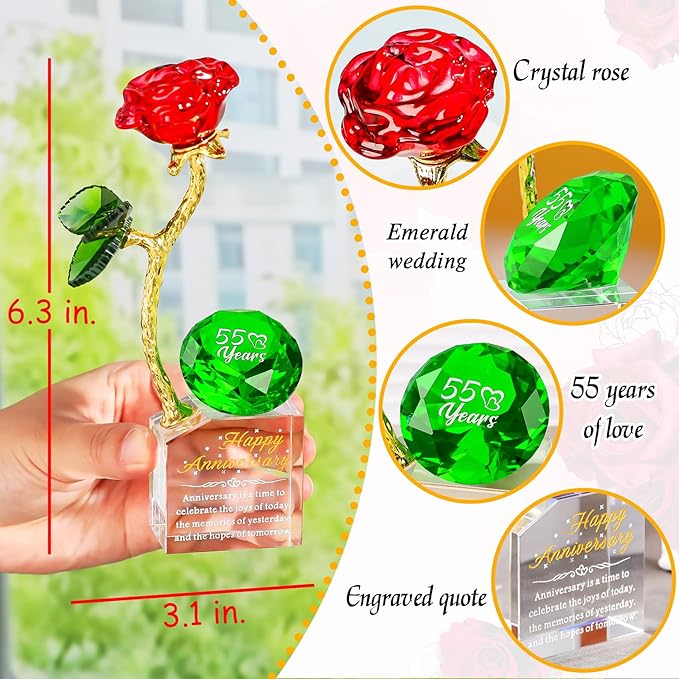YWHL 55th Wedding Anniversary Rose Gifts for Parents Grandparents, 55 Years Happy for Couples, Crystal Rose Figurine with Emerale Diamond, Valentines Day Present for Her Him