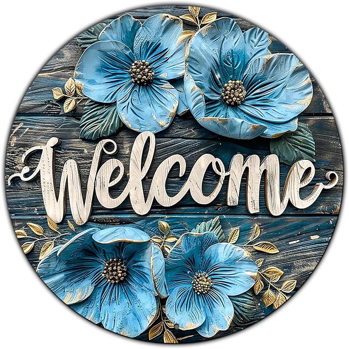 Flower Welcome Metal Sign Vintage Tin Sign Round Sign Aluminum Sign for Farmhouse Kitchen Outdoor Outside Home Backyard Wall Decor 12 Inch