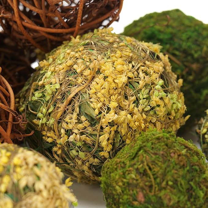 Decorative Balls for Centerpiece Bowls, 18pcs Fake Moss Balls + Wicker Rattan Balls Set Vase Bowl Filler for Home Garden Wedding Party Decor (Fresh Green + Rustic Brown)