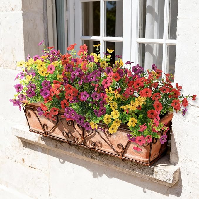 Artificial Flowers for Outdoors, 12 Bundles Multicolor Silk Fake Flower for Spring Summer Decoration, UV Resistant No Fade Artificial Outdoor Plants for Home Planter Porch Patio Yard Decor