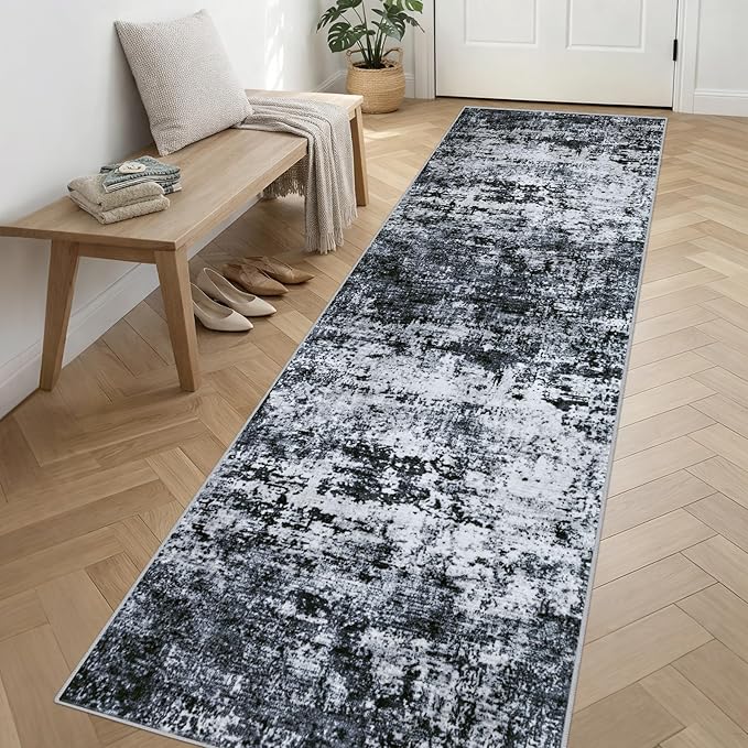 Washable Area Rug 3x14 Entryway Rug: Washable Modern Abstract Soft Thin Rug Indoor Floor No Slip Stain Resistant Carpet for Bedroom Dining Room Farmhouse Nursery Home Office - Black