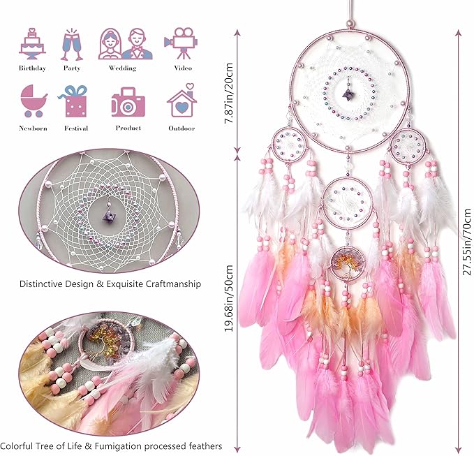 Large Dream Catchers, Boho Handmade Native Macrame Dream Catchers Wall Hanging for Bedroom Living Room Wedding Party Decor, Festival Blessing Craft Gift for Kids Boys Girls (Pink & White)