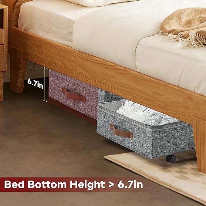 Under Bed Storage with Wheels Set of 2 Packs, Large Underbed Storage Containers with Clear Lid, Rolling Under Bed Shoe Organizer, Wheeled Under Bed Drawers for Blankets, Clothes, Shoe, Bedding Grey