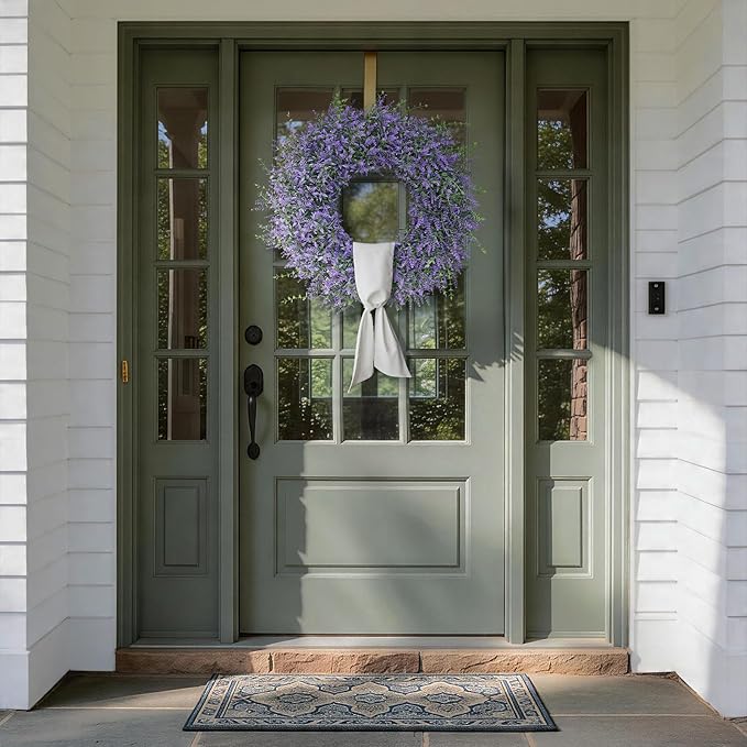 26" Artificial Lavender & Eucalyptus Wreath with Sash for Front Door, Porch, Window - Large Greenery Outdoor Wreath for Home, Farmhouse Decor - Spring, Summer, All Seasons (Purple)