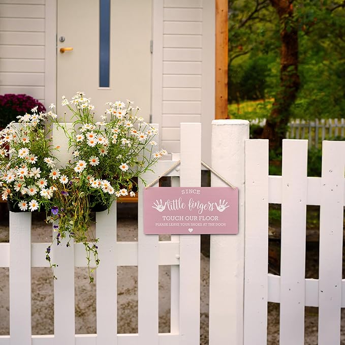 Wall Pediments Shoes Off Sign,Shoes Off Sign for Front Door,Since Little Fingers Touch Our Floor Door Sign,Shoes Off Hanging Welcome Sign for Front Door,12x6 Inches，Wood Grain-3