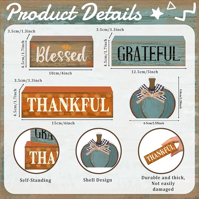 Lineshading 4 Pcs Fall Table Decoration for Home Wooden Blue Pumpkin Decor with Sunflowers Rustic Thanksgiving Tiered Tray Decor Autumn Centerpiece Decoration for Harvest Party Home Kitchen