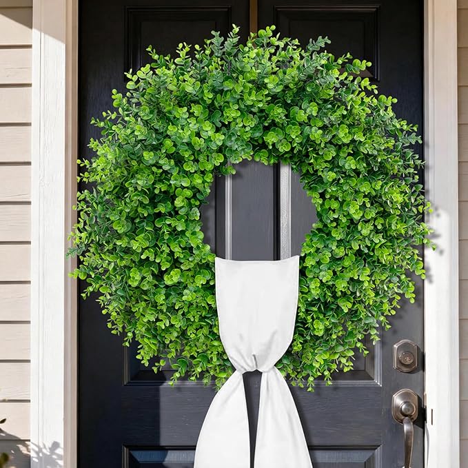 28'' Large Boxwood Wreaths Front Door Artificial Green Spring Wreath with Sash Wreaths for Front Door Farmhouse Greenery Year Round Outdoor Indoor for Summer Wreath St Patricks Day Decoration