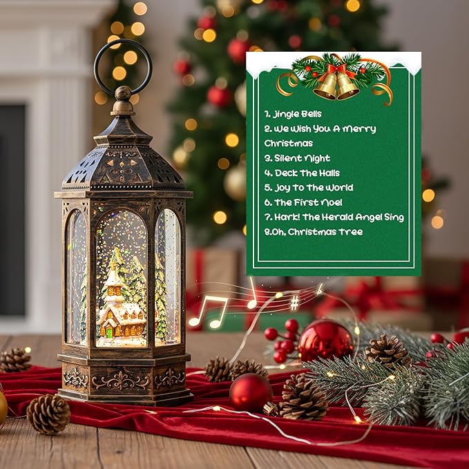 Christmas Snow Globe Lantern Lighted Holiday Village Church with Music& Timer, USB Lined/Battery Operated Lighted Lantern for Christmas Festival Decoration Gifts