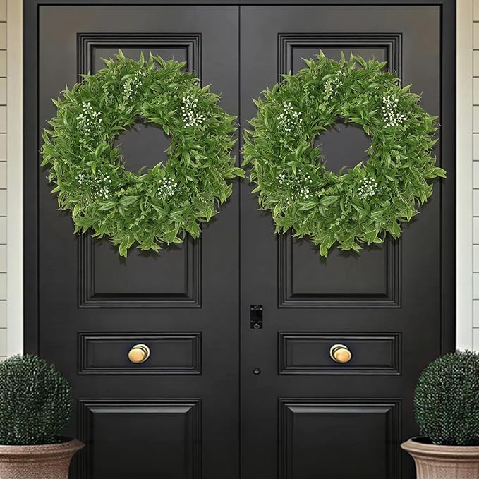 26 Inch Large Boxwoods Wreaths for Front Door Artificial Green Eucalyptus Leaves Greenery Indoor Outdoor Wreath Home Decor Porch Window Wall Farmhouse Door Decorations Spring Summer All Season