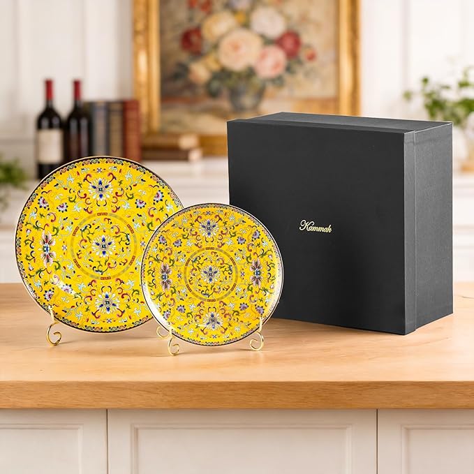 Decorative Plates Set for Display, Yellow Ceramic Plate Decor with Stand, Handmade Vintage Porcelain Ornament for Table, Living Room, Kitchen, Office, Perfect Chinese Style Dish Gift (8in+10in)