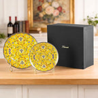 Decorative Plates Set for Display, Yellow Ceramic Plate Decor with Stand, Handmade Vintage Porcelain Ornament for Table, Living Room, Kitchen, Office, Perfect Chinese Style Dish Gift (8in+10in)