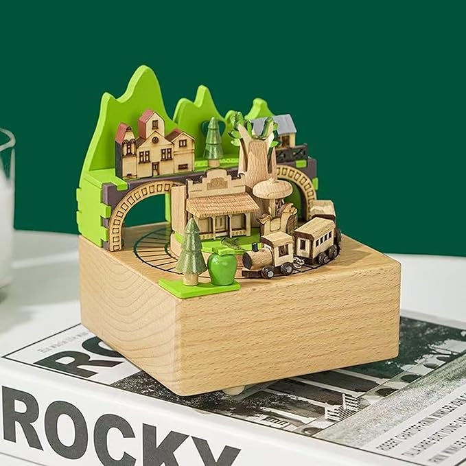 Natural Solid Wood Handcrafted Beech Wooden, Musical FigureTotoro/Carousel/Fairy/Ballerina Figurine,Rotating Hand Crank Mechanism Music Box,Musical Decorations (The Train in the Cavern)