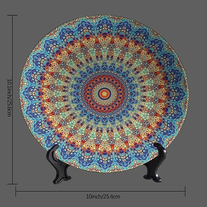 Colorful Decorative Plates, 10 Inch, Blue Mandala Boho Round Display Plate, Decorative Plates with Stand, for Home Kitchen Bedroom Decorative Ornaments