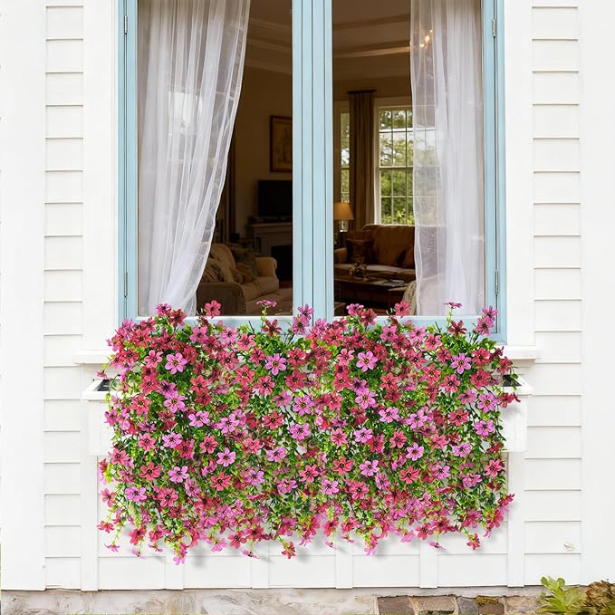 Artificial Hanging Flowers for Outdoors, 2 Pcs Fake Hanging Plant Spring Summer Decoration, UV Resistant No Fade Faux Flower for Porch Patio Yard Window Home Decor(Light Purple Red)