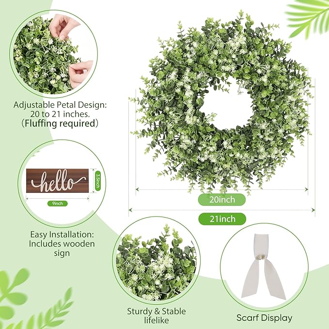 20" Boxwood Wreath for Front Door - UV Resistant Artificial Greenery Wreath with Detachable Hello Sign & Sash, All-Season Spring or Summer Wreaths Decorative Wreath for Indoor/Outdoor Wall