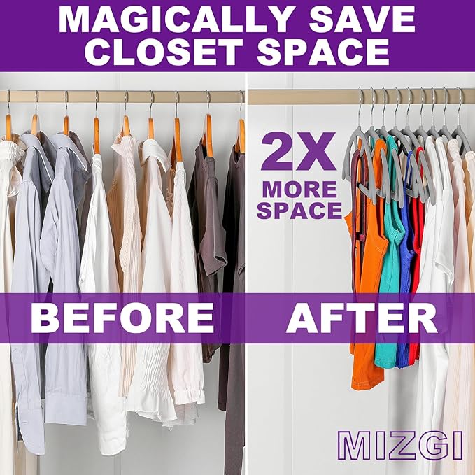 MIZGI Premium Velvet Hangers 50-Pack,No Shoulder Bump Hangers W/Tie Bar Ultra Thin Space Saving Non Slip Hanger Heavy Duty Felt Rounded Clothes Hanger for Sweaters,Coat,Jackets,Pants,Shirts
